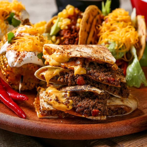A wooden board with cheesy beef quesadillas, elote, and tacos, garnished with red chilies.
